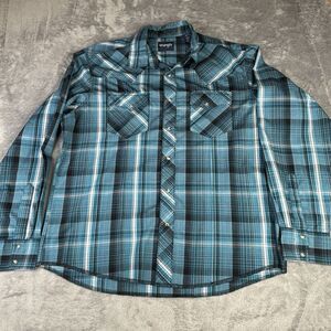 Wrangler Shirt XL Cerulean‎ Blue Plaid Western Pearl Snap L/S Sawtooth Back Yolk